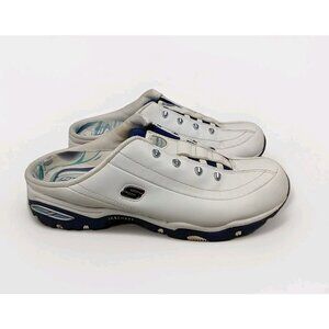 Skechers Premier D'Lites Shoes Womens 8.5 White Navy Slip On Mules Clogs
